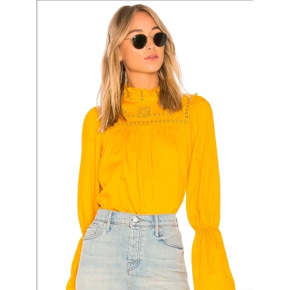 Free People another eternity Mustard Yellow eyelet Cotton Blouse XS Oversize new